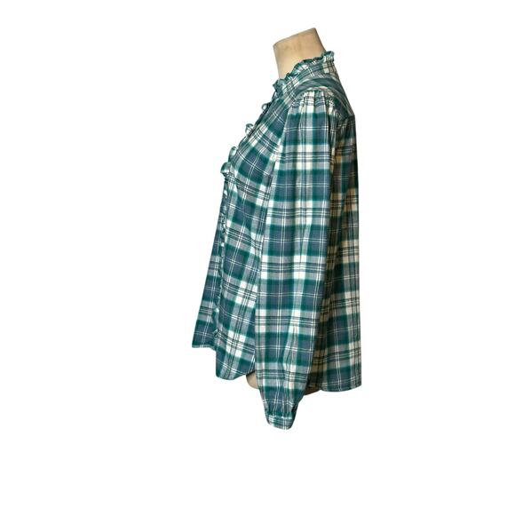 Loft green white plaid long sleeves ruffle button shirt size Small - Picture 12 of 16